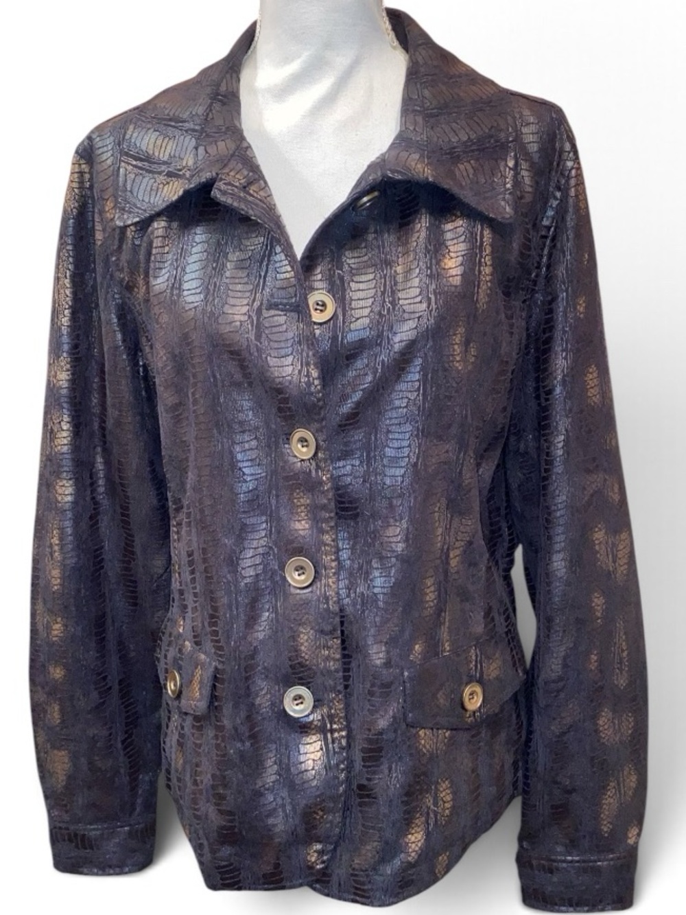 LINEAR METALLIC Button-Down Lightweight Jacket Iridescent BLACK GOLD Size XL